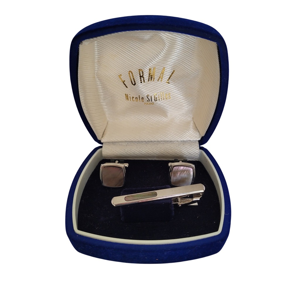 Nicole St Gilles Paris Mother of Pearl Cufflink and Tie Clip Set Silver Tone